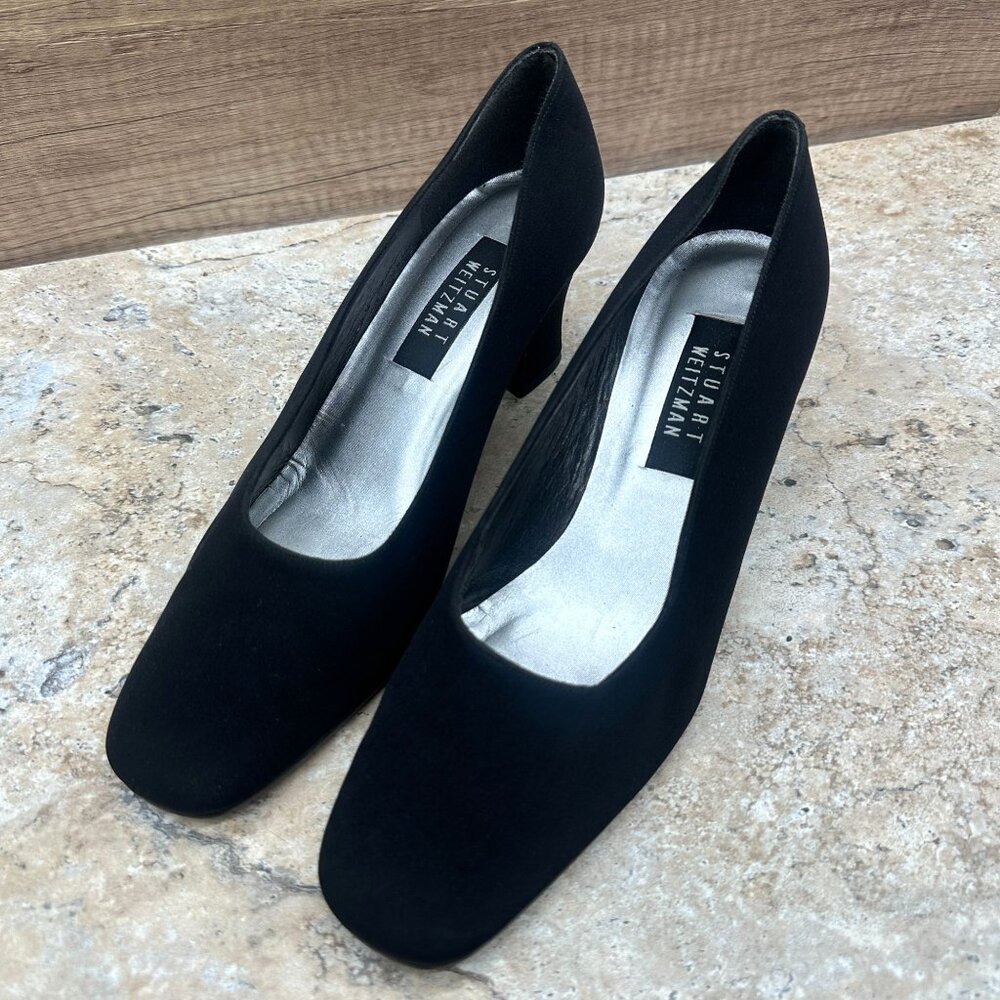 Stuart Weitzman Pumps Womens 9.5B Black Square Toe Heels Textile/Leather - Picture 3 of 10
